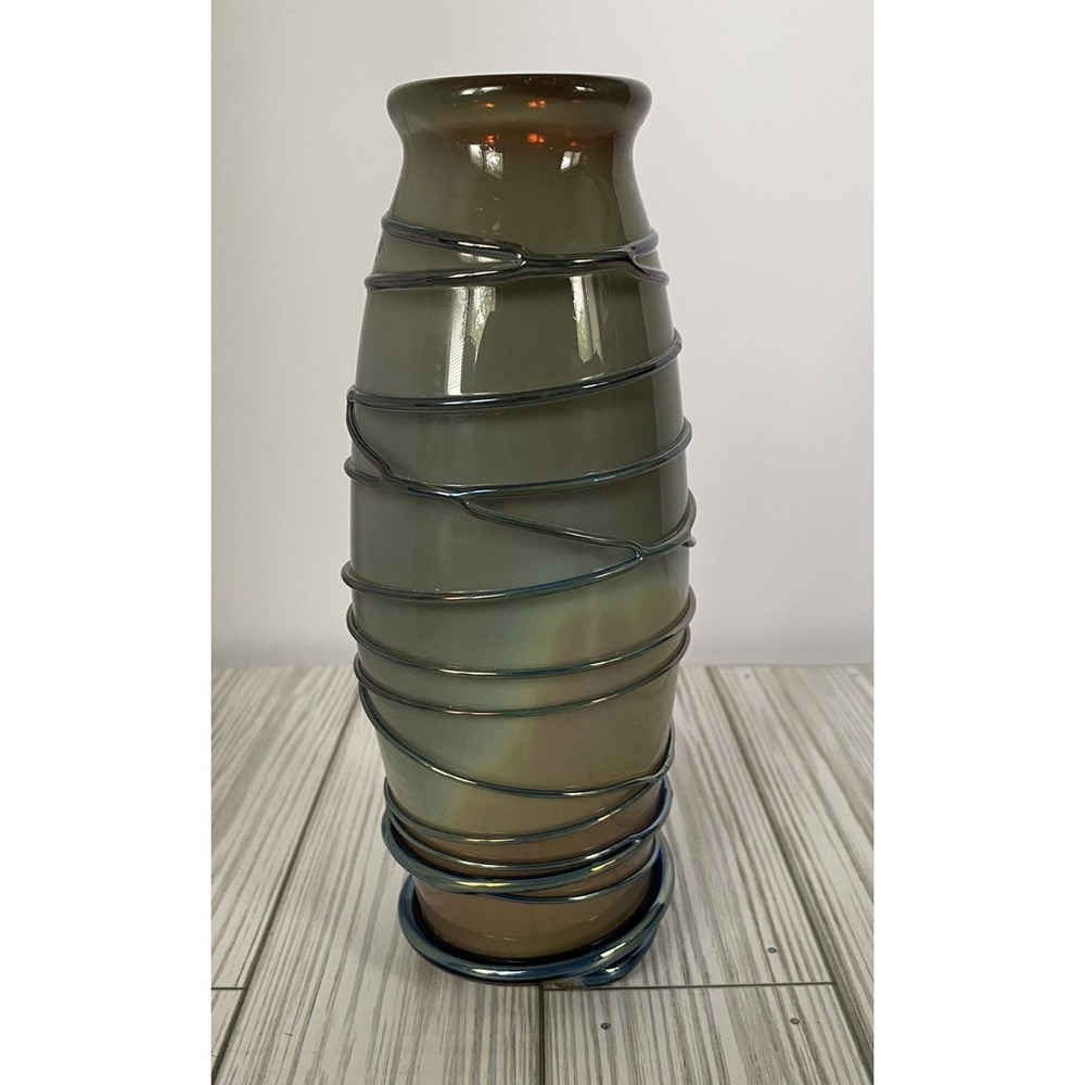 Mid Century Modern Glass Vase Applied Glass Coils Iridescent Green Blue Purple